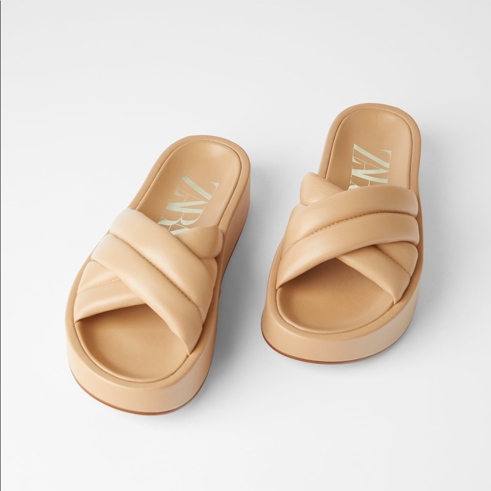 Zara beige quilted platform leather sandals